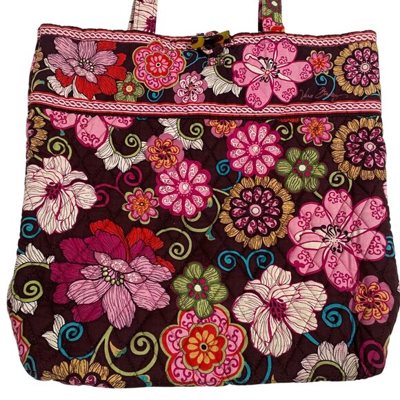 Vera Bradley Floral Pattern Quilted Tote Bag With toggle loop Closure brown pink - Picture 1 of 11